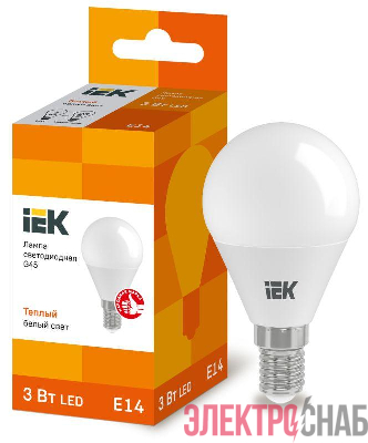 Лампа светодиодная Eco G45 3Вт шар 3000К тепл. бел. E14 216лм 230-240В IEK LLE-G45-3-230-30-E14