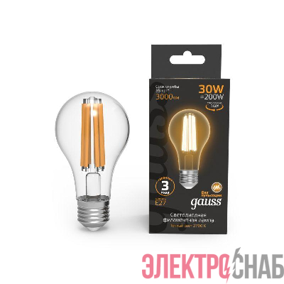 Лампа светодиодная филаментная Black Filament 30Вт A70 грушевидная 2700К тепл. бел. E27 3000лм GAUSS 102902130