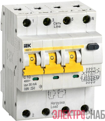 Выключатель автоматический дифференциального тока 4п (3P+N) C 10А 30мА тип A 6кА АВДТ-34 ИЭК MAD22-6-010-C-30