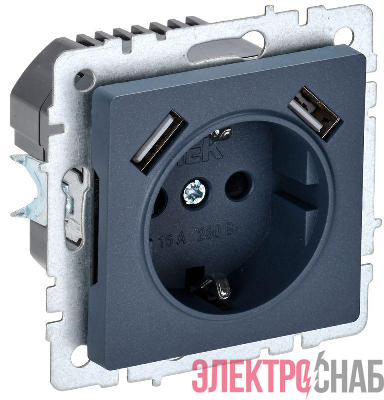 Розетка BRITE РЮш10-1-БрМ 16А с USB A+A 2.1А с заземл. защ. шторки механизм маренго IEK BR-R14-16-U21-D21-K35