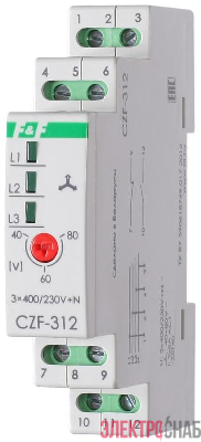 Реле контроля и наличия фаз CZF-312 (монтаж на DIN-рейке 35мм; регулировка порога; без задержки отключения; 3х400/230+N 2х8А 1Z 1R IP20) F&F EA04.001.007