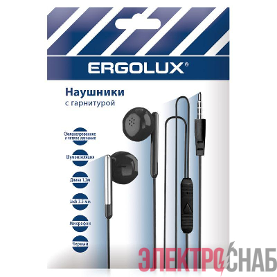 Наушники вакумные с микрофоном проводные ELX-WHP01P-C02 ПРОМО 3.5мм 1.2м пакет черн. Ergolux 15278