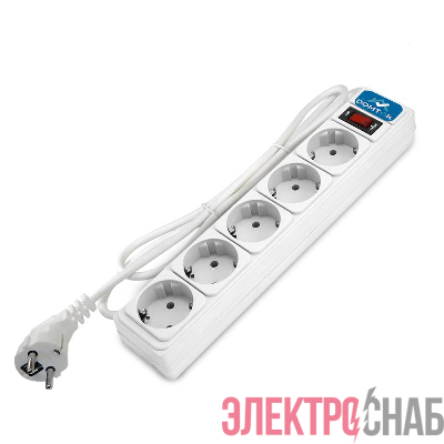 Удлинитель с сетевым фильтром 5х1.8м с заземл 10А IP20 2.2кВт ПВС 3х1 с выкл. бел. DOMTOK 2527