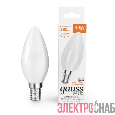 Лампа светодиодная филаментная Basic Filament 4.5Вт Свеча 2700К Е14 380лм milky GAUSS 1035115
