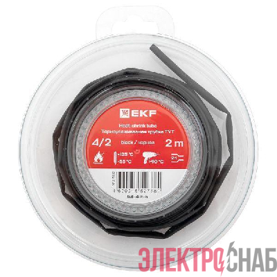 Трубка термоусадочная ТУТ нг 4/2 черн. ролик 2 м EKF tut-4-b-b