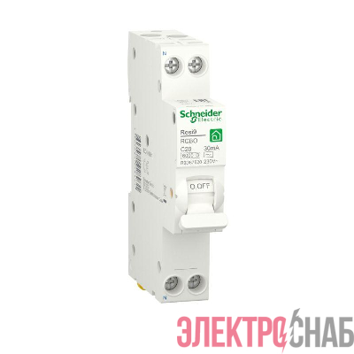 Выключатель автоматический дифференциального тока (ДИФ) RESI9 1P+N С 20А 6000А 30мА 18мм тип AC SchE R9D87620