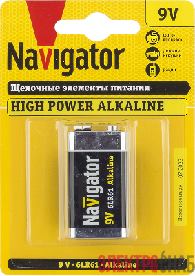 Элемент питания алкалиновый "крона" 6LR61 94 756 NBT-NE-6LR61-BP1 (блист.1шт) Navigator 94756