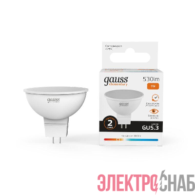 Лампа светодиодная Elementary 7Вт MR16 софит 3000К тепл. бел. GU5.3 530лм GAUSS 13517