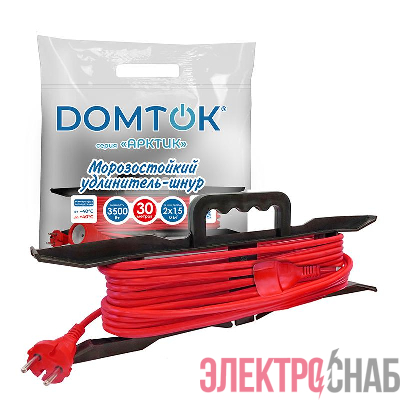 Удлинитель-шнур на рамке 1х30м без заземл. 16А IP44 3.5кВт КГ 2х1.5 АРКТИК морозостойкий DOMTOK 2596