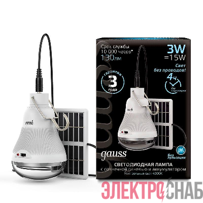Лампа светодиодная Black 3Вт A60 грушевидная 4000К нейтр. бел. E27 130лм с солнеч. панелью GAUSS 902102203