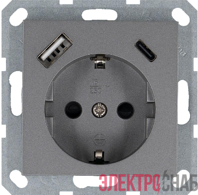 Розетка Shuko 16А с заземл. защ. шторки с 2-мя заряд. устройствами USB тип A+C 25Вт механизм алюм. Jasmart G5501USB-25S