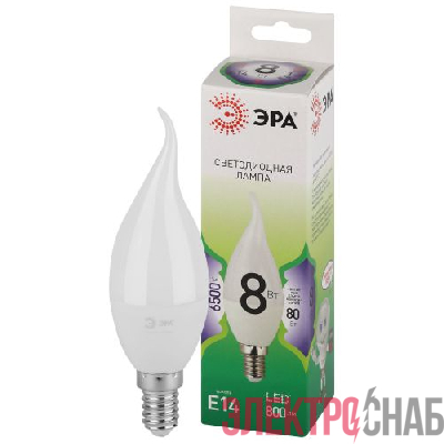 Лампа светодиодная GREEN LINE BXS-8W-865-E14 GL 8Вт свеча на ветру 6500К свет холод. E14 Эра Б0067138