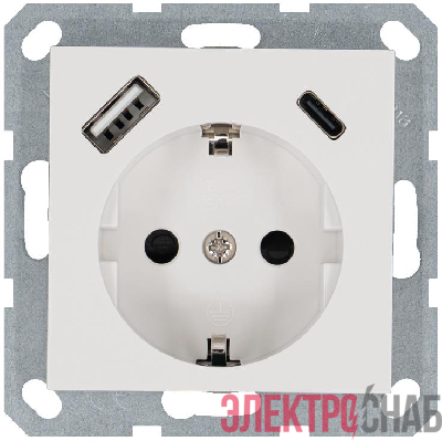 Розетка Shuko 16А с заземл. защ. шторки с 2-мя заряд. устройствами USB тип A+C 25Вт механизм бел. глянцевый Jasmart G5501USB-25W