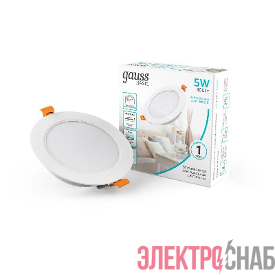 Светильник светодиодный Basic Downlight 5Вт 4000К IP20 400лм 170-260В 95х26 круг монтаж бел. GAUSS 9030420205
