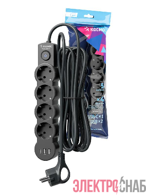 Удлинитель 4х5м с заземл. 10А IP20 USB type-Aх2 + type-C 2500Вт 220В ПВС 3х1 с выкл. черн. КОСМОС YKsm5m4g-Z-VU10А-B