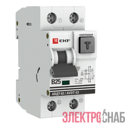 Выключатель автоматический дифференциального тока B 25А 10мА тип А 6кА АВДТ-63 (электрон.) PROxima EKF DA63-25B-10e