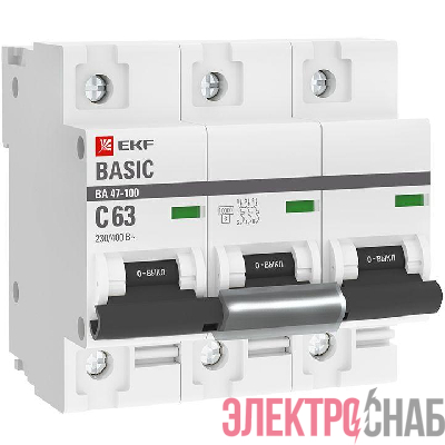 Выключатель автоматический модульный 3п C 63А 10кА ВА 47-100 Basic EKF mcb47100-3-63C-bas