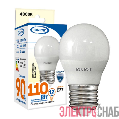Лампа светодиодная G45 12Вт шар 4000К E27 1080лм 230В IONICH 1814