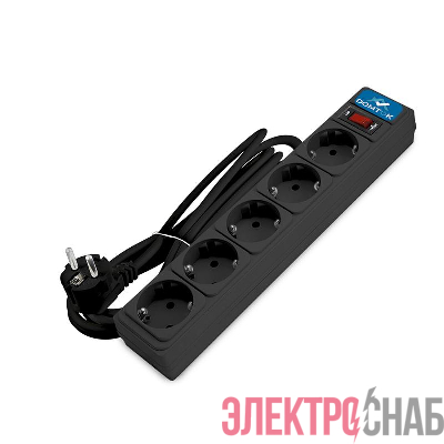 Удлинитель с сетевым фильтром 5х3м с заземл 10А IP20 2.2кВт ПВС 3х1 с выкл. черн. DOMTOK 2538