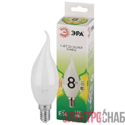 Лампа светодиодная GREEN LINE BXS-8W-830-E14 GL 8Вт свеча на ветру 3000К свет тепл. E14 Эра Б0067103