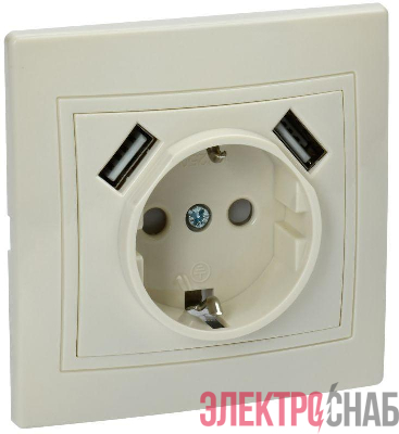 Розетка 1-м СП Кварта РЮш10-1-ККм 16А USBх2 2.1А с заземл. крем. IEK KV-R14-16-U2-K33