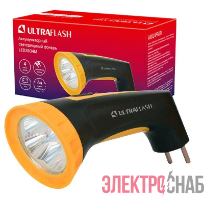 Фонарь аккумуляторный LED3804M 4LED аккум. SLA 220В пластик. черн./желт. (кор.) Ultraflash 12867