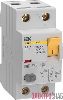 Выключатель дифференциального тока (УЗО) 2п 63А 30мА 6кА тип AC ВД3-63 KARAT IEK MDV20-2-063-030