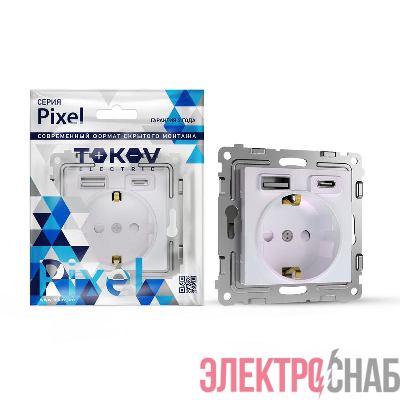 Розетка 1-м СП Pixel IP20 с заземл. с 2-мя заряд. устр. USB тип A+C механизм перламутр. TOKOV ELECTRIC TKE-PX-R1U2AC-C04