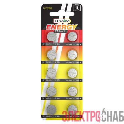 Элемент питания алкалиновый "таблетка" LR43/LR1142/G12/386 (блист.10шт) Трофи C0035049