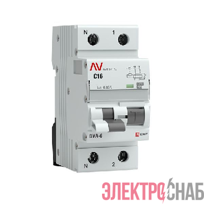 Выключатель автоматический дифференциального тока 2п (1P+N) C 16А 30мА тип A 6кА DVA-6 Averes EKF rcbo6-1pn-16C-30-a-av