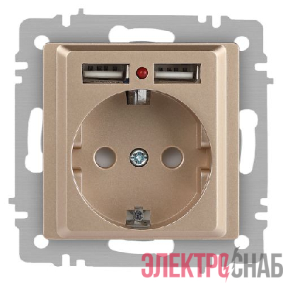 Розетка 1-м СП Accent 6-410-04 16А IP20 250В P+E Schuko + 2хUSB защ. шторки шампань Intro Б0063696