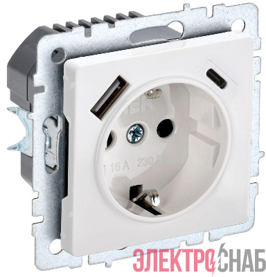 Розетка BRITE РЮш11-1-БрБ 16А с USB A+C 18Вт с заземл. защ. шторки механизм бел. IEK BR-R14-16-U22-018-K01