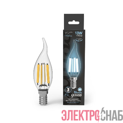 Лампа светодиодная филаментная Black Filament 13Вт свеча на ветру 4100К нейтр. бел. E14 1150лм GAUSS 104801213