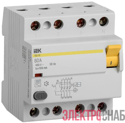 Выключатель дифференциального тока (УЗО) 4п 80А 100мА тип AC ВД1-63 IEK MDV10-4-080-100