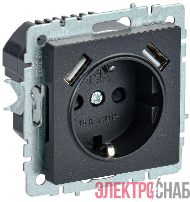 Розетка BRITE РЮш10-2-БрЧ 16А с USB A+A 3.1А с заземл. защ. шторки механизм черн. IEK BR-R14-16-U21-D31-K02