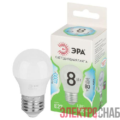 Лампа светодиодная GREEN LINE P45-8W-840-E27 GL 8Вт шар 4000К яркий свет бел. E27 Эра Б0067073