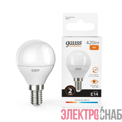 Лампа светодиодная Elementary 6Вт P45 шар 3000К тепл. бел. E14 420лм GAUSS 53116