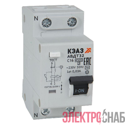 Выключатель автоматический дифференциального тока 2п C 10А 30мА тип AC 4.5кА АВДТ32-22C10-AC УХЛ4 КЭАЗ 318360