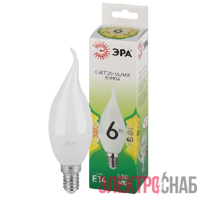 Лампа светодиодная GREEN LINE BXS-6W-830-E14 GL 6Вт свеча на ветру 3000К свет тепл. E14 Эра Б0067119