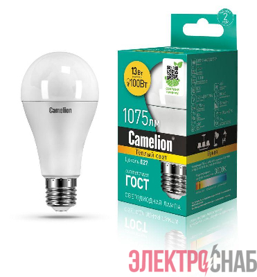 Лампа светодиодная LED13-A60/830/E27 13Вт грушевидная матовая 3000К тепл. бел. E27 1075лм 170-265В Camelion 12045