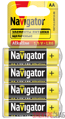 Элемент питания 95 457 NBT-02 AA LR6 4SHBP (уп.4шт) NAVIGATOR 95457