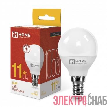 Лампа светодиодная LED-ШАР-VC 11Вт шар 3000К тепл. бел. E14 1050лм 230В IN HOME 4690612020587