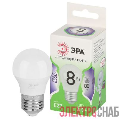 Лампа светодиодная GREEN LINE P45-8W-865-E27 GL 8Вт шар 6500К свет холод. E27 Эра Б0067022