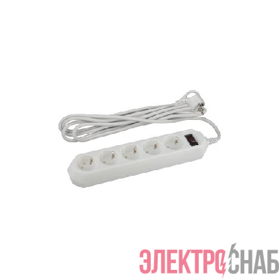 Удлинитель с сетевым фильтром 5х5м с заземл. 10А IP20 USF-5es-5m-W ПВС 3х0.75 с выкл. бел. Эра Б0019738