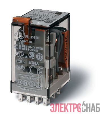 Реле миниатюрное универсальное электромеханич. монтаж в розетку 4CO 7А AgNi 12В DC RTI опции: кнопка тест + мех. индикатор FINDER 553490120040