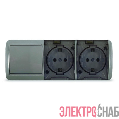 Блок ОП Клио 1-кл. выкл. 10А + розетка 2-м 16А 250В с заземл. с прозр. крышкой сер. Universal К2238-Gr