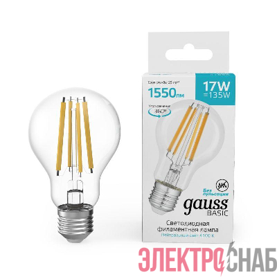 Лампа светодиодная филаментная Basic Filament А60 17Вт 4100К Е27 1550лм GAUSS 10212272