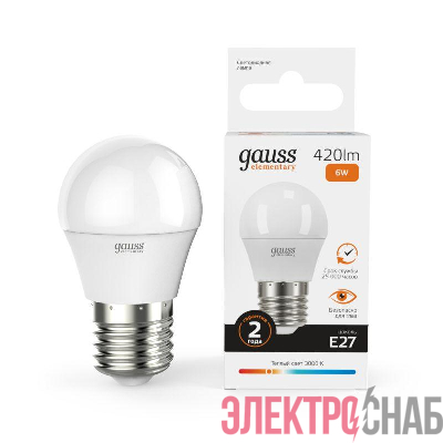 Лампа светодиодная Elementary 6Вт P45 шар 3000К тепл. бел. E27 420лм GAUSS 53216