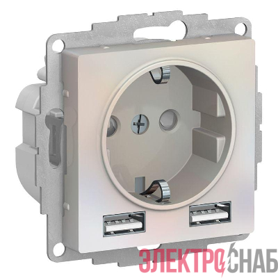 Розетка 1-м СП AtlasDesign 16А IP20 с 2-мя заряд. устройствами USB тип A+A 5В/2.4А 2х5В/1.2А механизм жемчуж. SE ATN000430