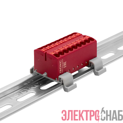 Блок распределительный с горизонт. адаптером на рейку шир. 35мм зажим push-in 18 точек подключения 2.5кв.мм красн. DKC DTP1-018-04SPUR-H